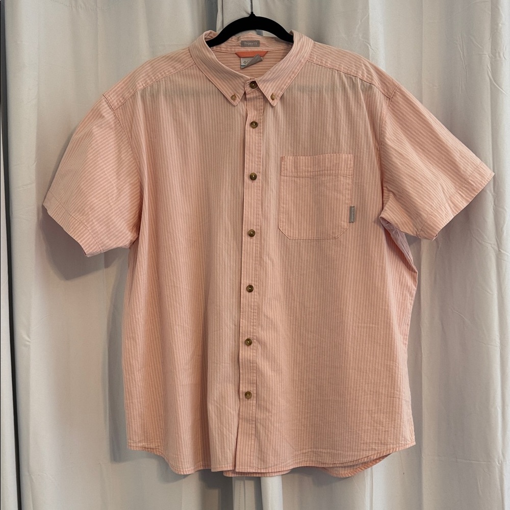 Columbia Pink Stripe Button Down Shirt Mens XXL Short Sleeve Cotton Stretch XXL